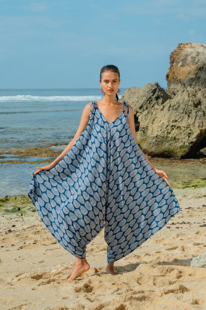 Combinaison Courte Imprimé Feuillage - Bleu Marine & Blanc