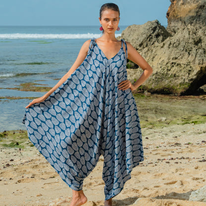 Combinaison Courte Imprimé Feuillage - Bleu Marine & Blanc