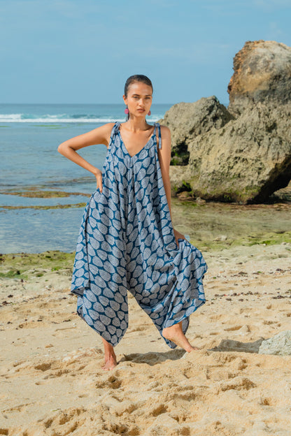 Combinaison Courte Imprimé Feuillage - Bleu Marine & Blanc
