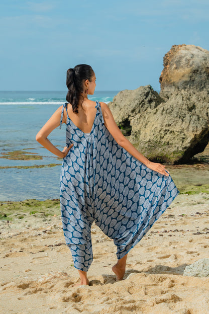 Combinaison Courte Imprimé Feuillage - Bleu Marine & Blanc