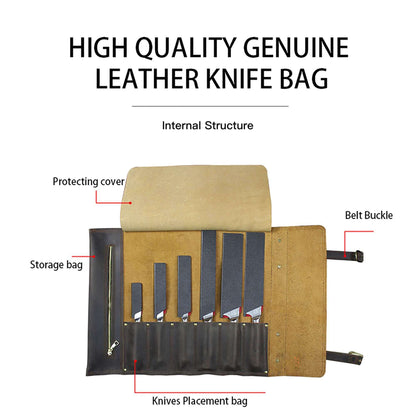 Ginza Steel Full Grain leather knife role Rustic Brown