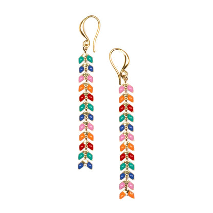 Boucles d'oreilles longues pendantes feuille émaillée multicolore