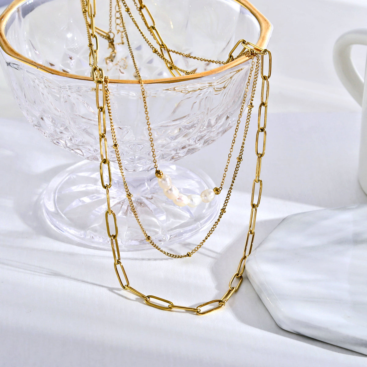 MARLI 3-Layer Multi Chain Gold Necklace featuring Natural Pearls