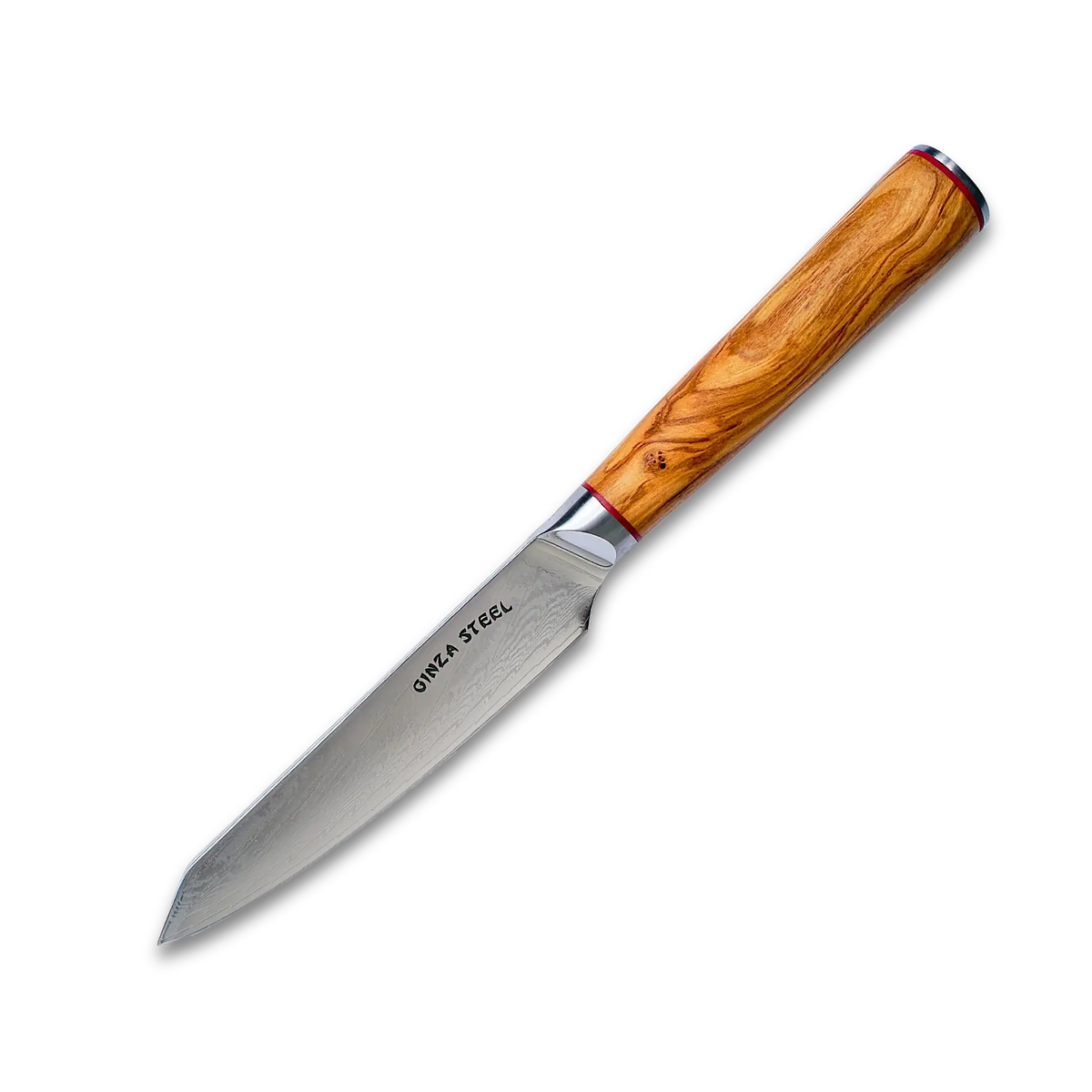 Couteau de cuisine Ginza Steel MIA 12, 13 cm – Acier Damas AUS10, 67 couches, manche en bois d'olivier