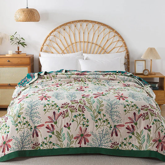 Wild Garden Boho Cotton Blanket/Throw - Cream/Emerald Green