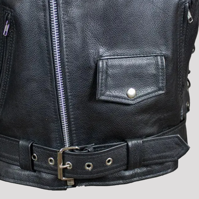 Blouson de moto en cuir coupe classique pour homme avec laçage latéral