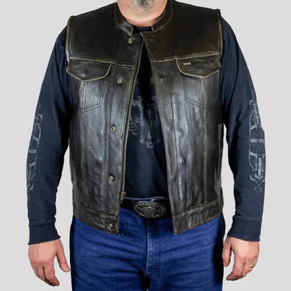 Open Road Men's Distressed Leather Club Vest | Premium Cowhide Riding Vest