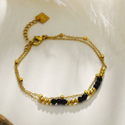 HILDA: Two-in-One Square Beads & Round Beads in Black & Gold Bracelet.