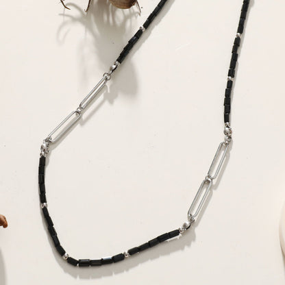 LORENA Black & Silver Beaded Paperclip Chain Necklace