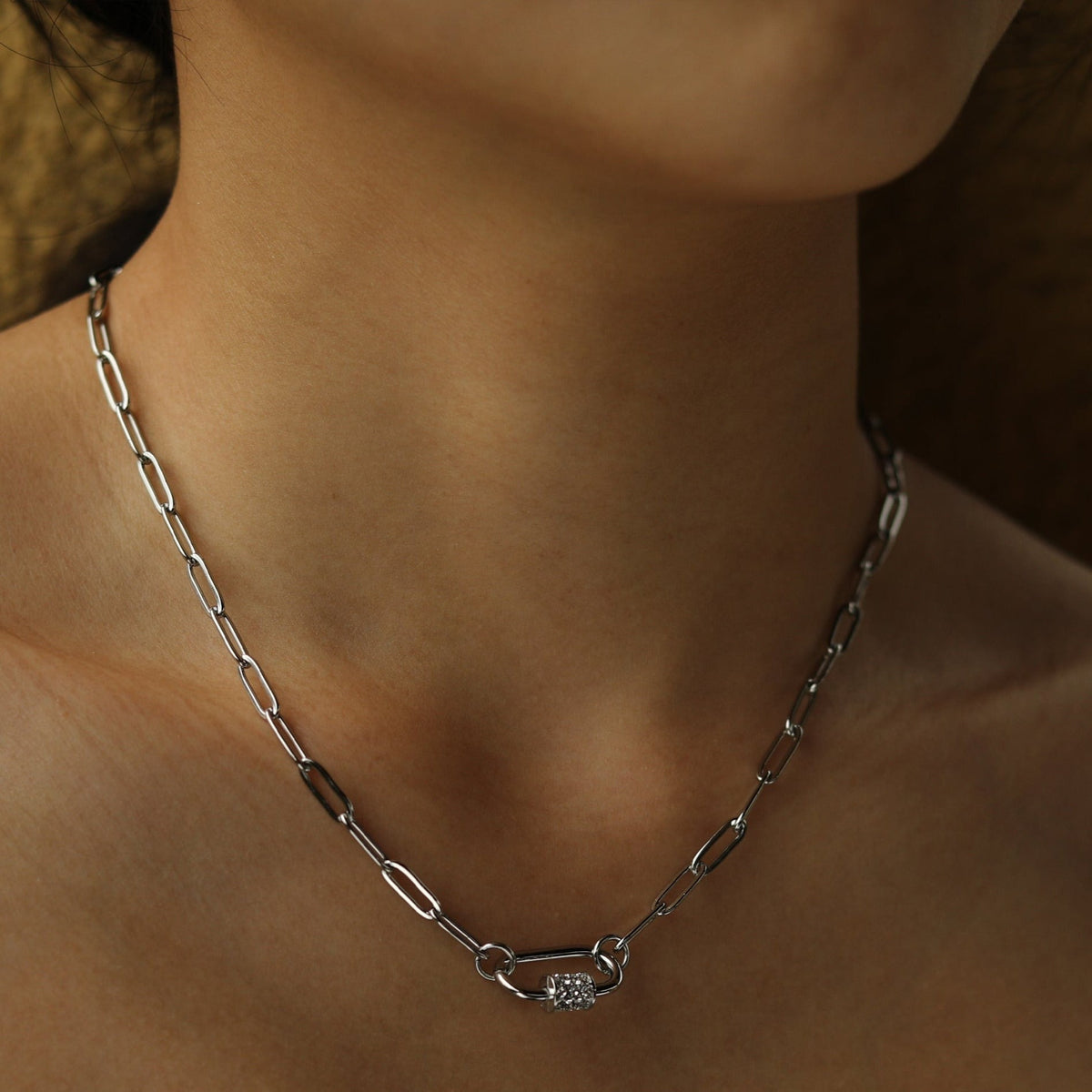 PEIGI Silver: Paper Clip Chain with Zirconia Accented Carabiner Charm