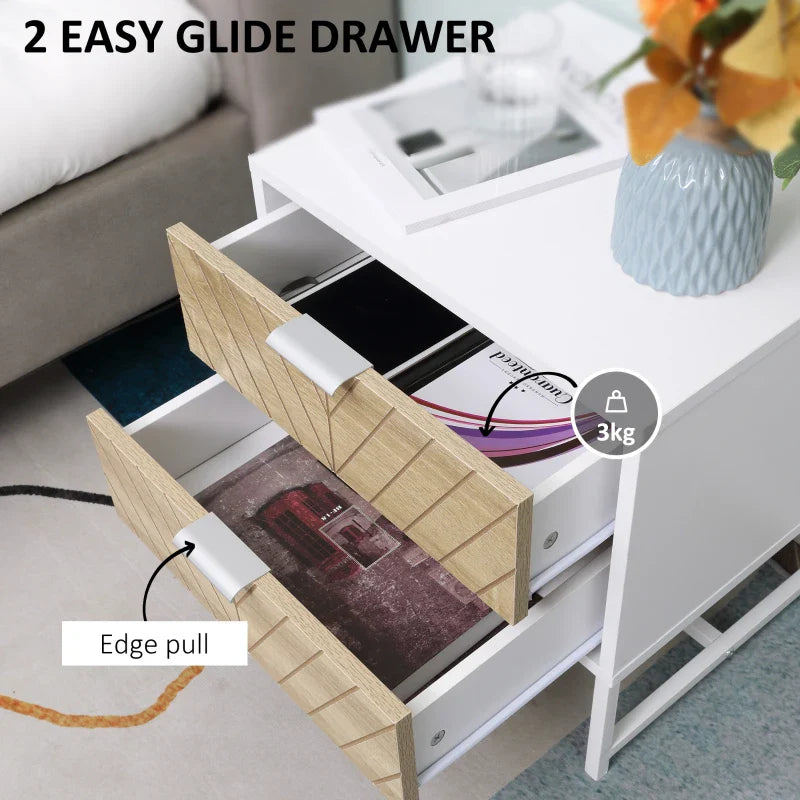Emery Modern Bedside Table with 2 Drawers and Steel Legs-White/Oak
