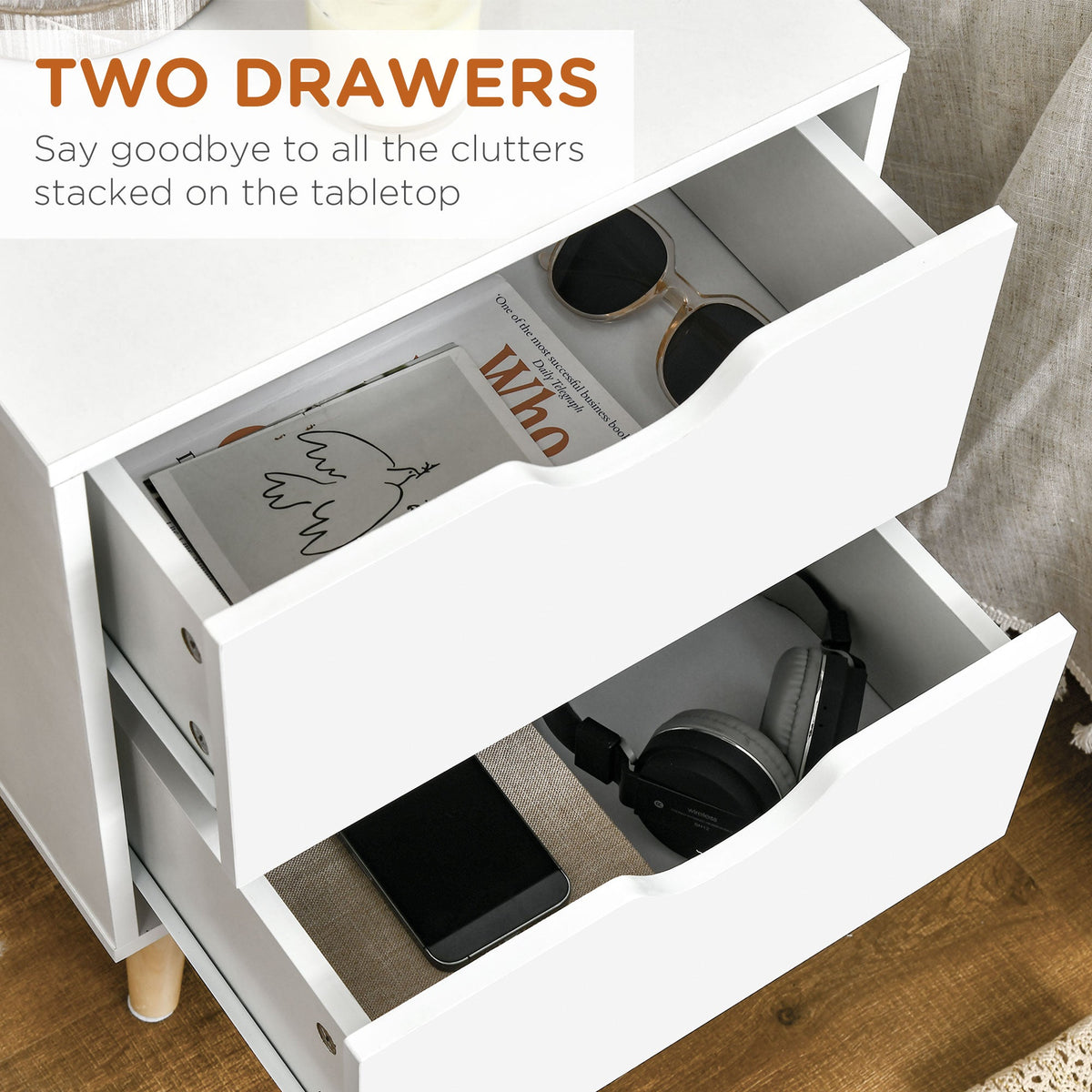 Jesse Nightstand with 2 Drawers and Pine Wood Legs-White