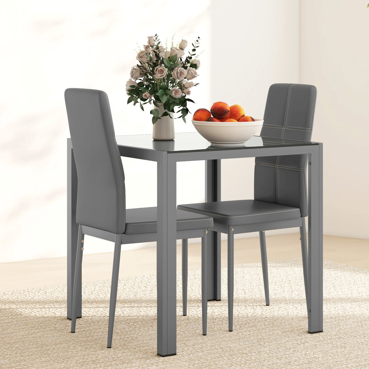 Ensemble de salle à manger rectangulaire 3 pièces en verre Zaya pour petits espaces - Gris