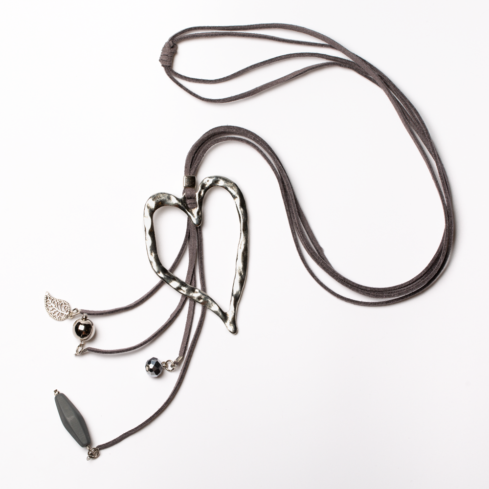 Long Open Heart Pendant On Suede With Charms