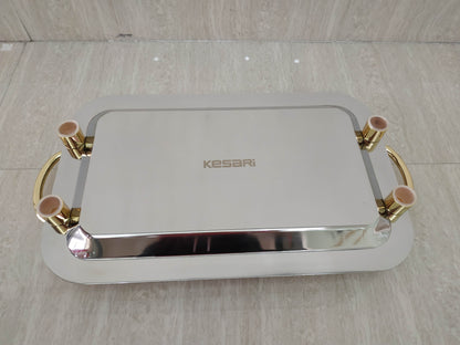 Stainless Steel Rectangular Serving Tray with Gold Handles