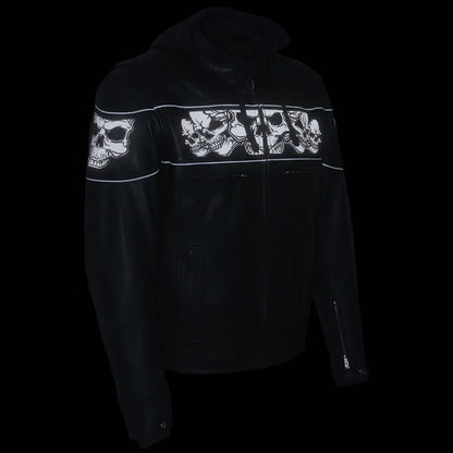 Milwaukee Leather Men's Crossover Scooter Jacket w/ Reflective Skulls & Full Sleeve Removable Hoodie