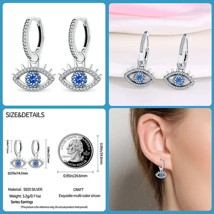 Boucles d'oreilles créoles en argent sterling avec œil grec et zircone cubique bleue
