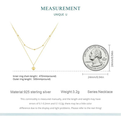 925 Sterling Silver Double Layer Heart Pendant Choker Necklace