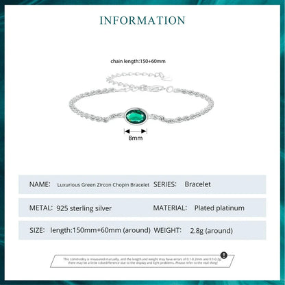 Bracelet Chopin en argent sterling avec zircon vert – ajustable