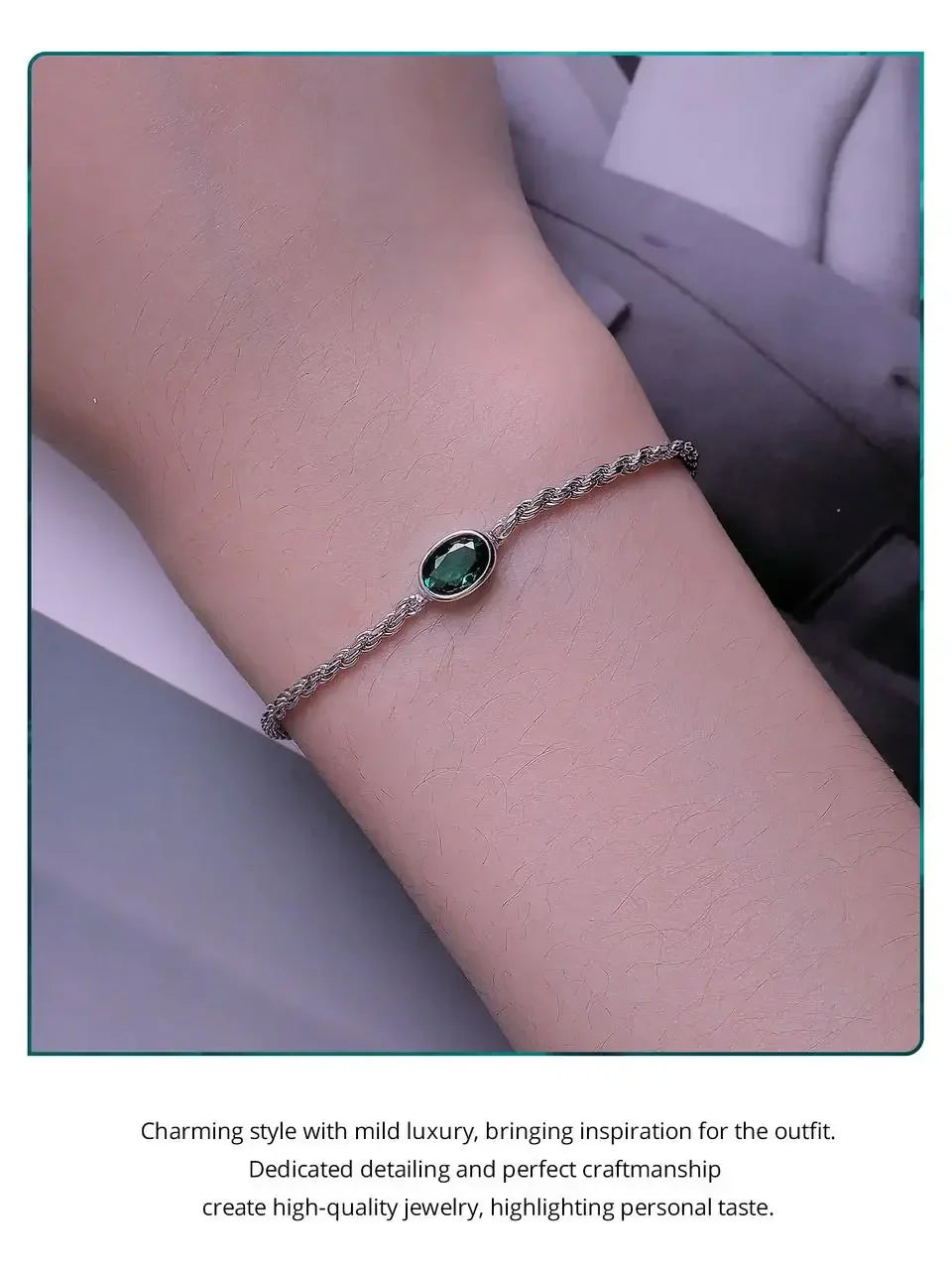 Bracelet Chopin en argent sterling avec zircon vert – ajustable