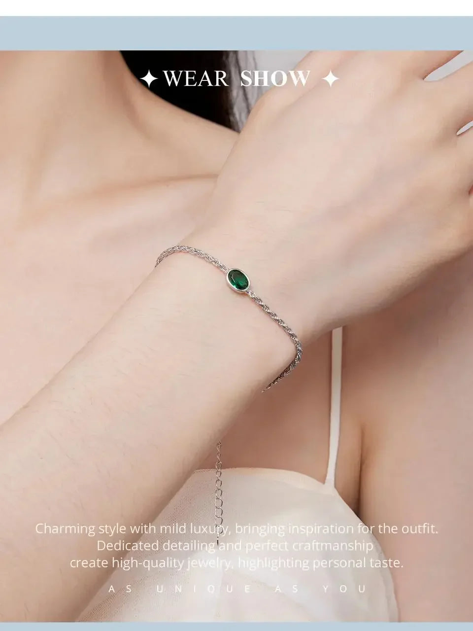 Bracelet Chopin en argent sterling avec zircon vert – ajustable