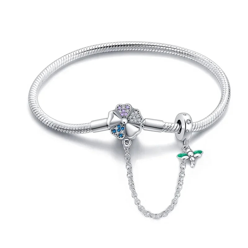 Bracelet à breloques trèfle et libellule en argent sterling avec chaîne de sécurité
