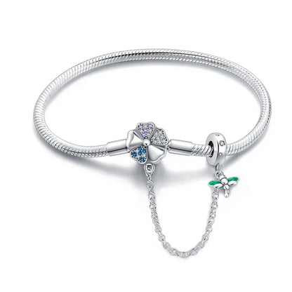 Bracelet à breloques trèfle et libellule en argent sterling avec chaîne de sécurité