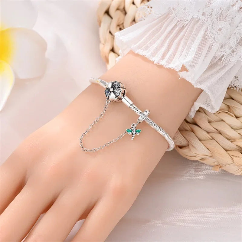 Bracelet à breloques trèfle et libellule en argent sterling avec chaîne de sécurité