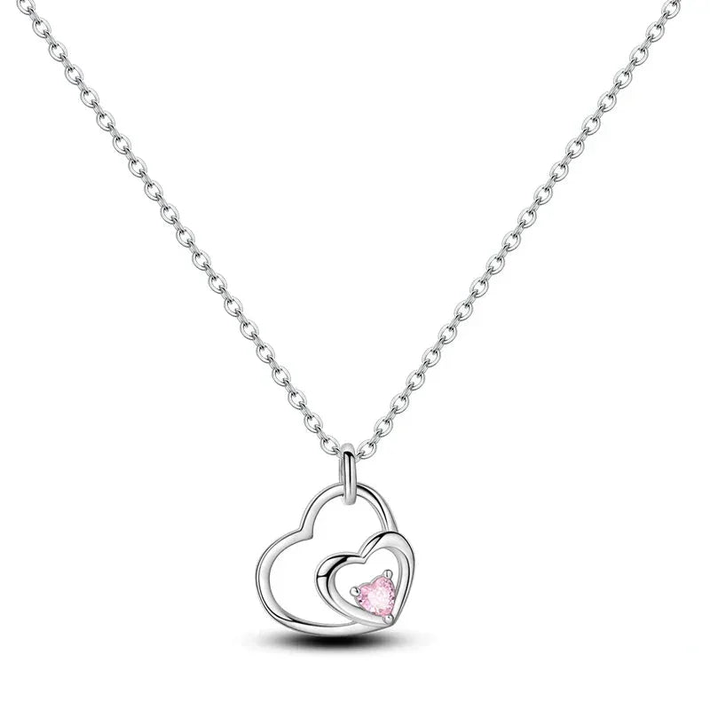Collier double cœur en argent sterling 925 avec cristal rose