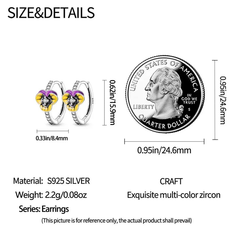 Boucles d'oreilles créoles élégantes en argent sterling avec fleur de pensée et zircones cubiques