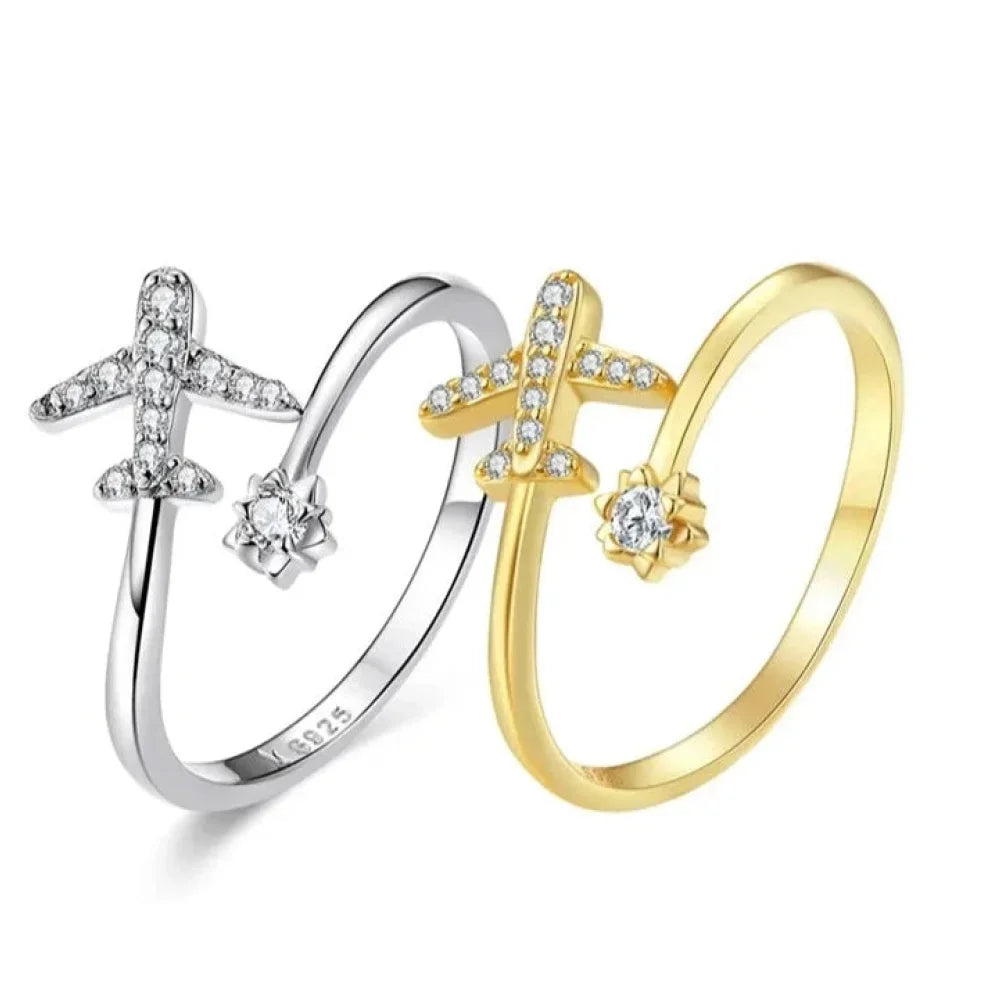 925 Sterling Silver CZ Flying Plane Open Ring