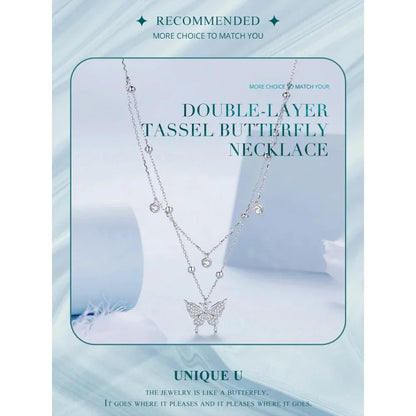 925 Sterling Silver Double-layer Tassel Butterfly Pendant Necklace for Women - Elegant Fine jewelry