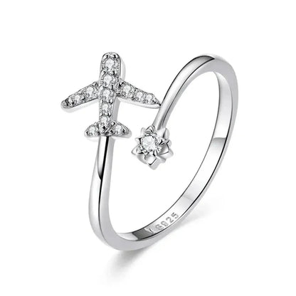 925 Sterling Silver CZ Flying Plane Open Ring