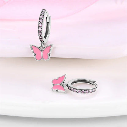 Charming Pink Butterfly Sterling Silver Hoop Earrings With Cubic Zirconia