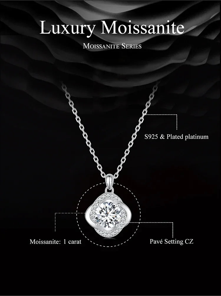Collier pendentif Trèfle porte-bonheur en argent sterling et moissanite 1 carat