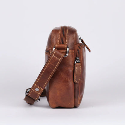 Greenwood Leather Mini-Messenger Bag. Premium Compact Crossbody Travel Organizer