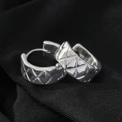 SHELBURNE: Decorative Etched Wide Mini Hoop Earrings in White Gold (Silver Toned)