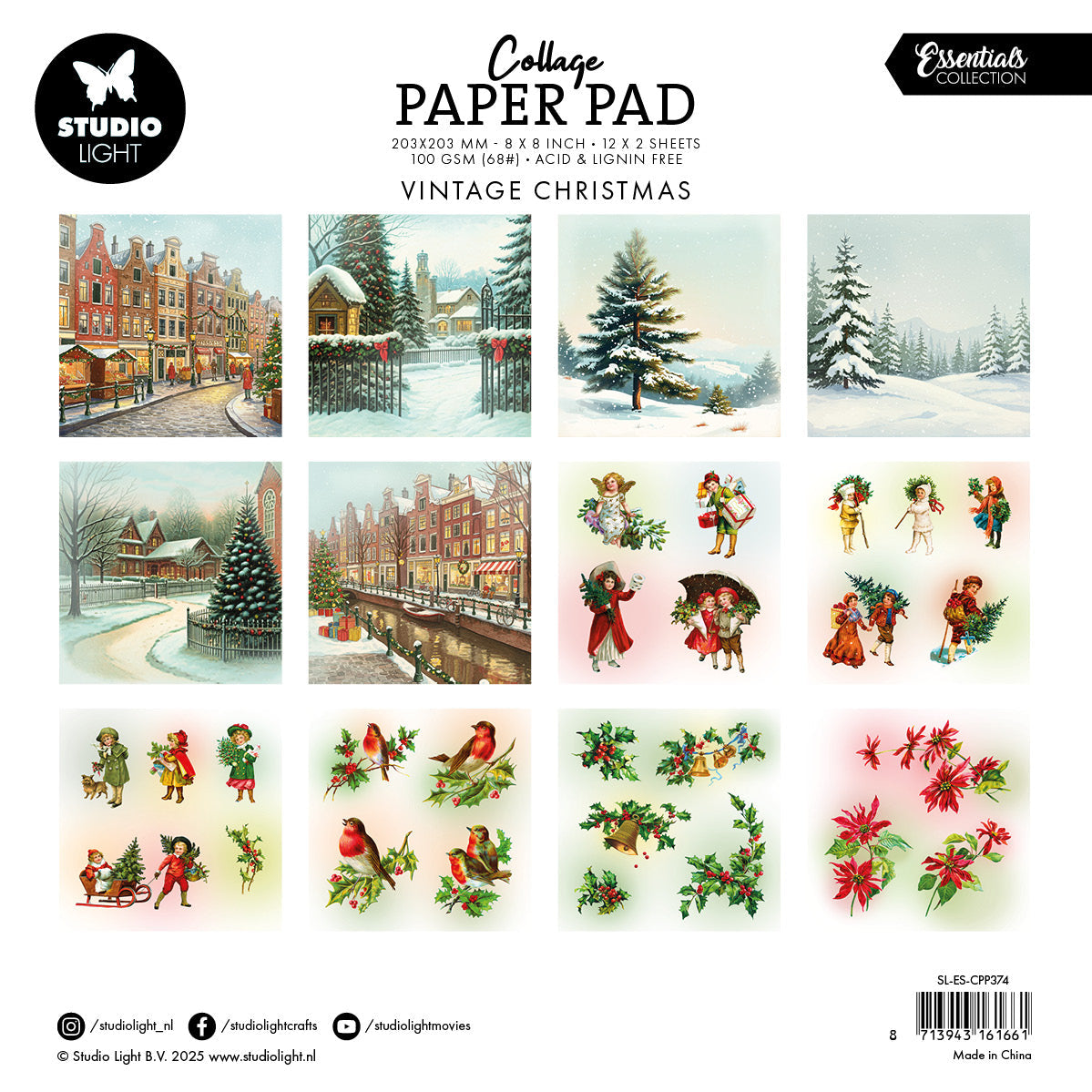 Bloc de papier pour collage SL - Essentiels de Noël vintage - 24 feuilles
