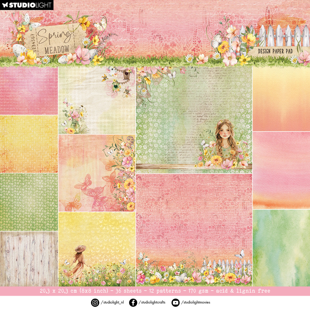 SL Blocs de papier décoratif Papiers de fond Pré de printemps 36 feuilles