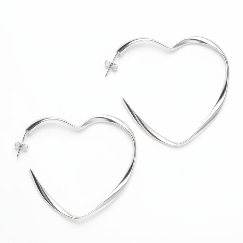 Large Heart Hoop Earrings - Silver Plate