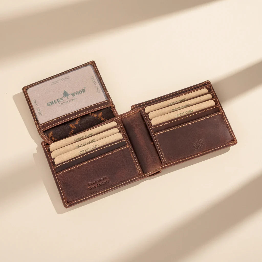 Portefeuille bifold en cuir pour homme Greenwood. Portefeuille premium avec protection RFID et compartiment dépliant