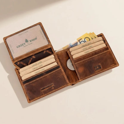 Portefeuille bifold en cuir pour homme Greenwood. Portefeuille premium avec protection RFID et compartiment dépliant