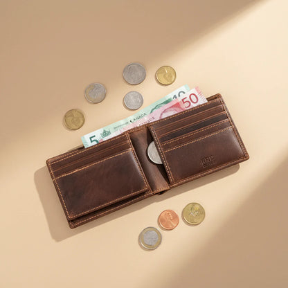 Portefeuille bifold en cuir pour homme Greenwood. Portefeuille premium avec protection RFID et compartiment dépliant