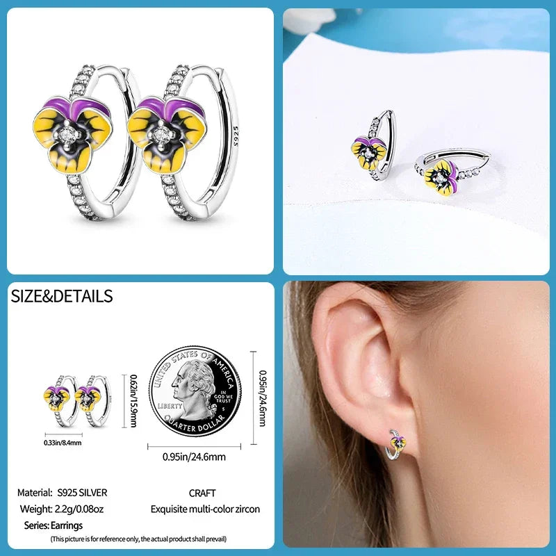 Boucles d'oreilles créoles élégantes en argent sterling avec fleur de pensée et zircones cubiques