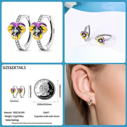 Boucles d'oreilles créoles élégantes en argent sterling avec fleur de pensée et zircones cubiques