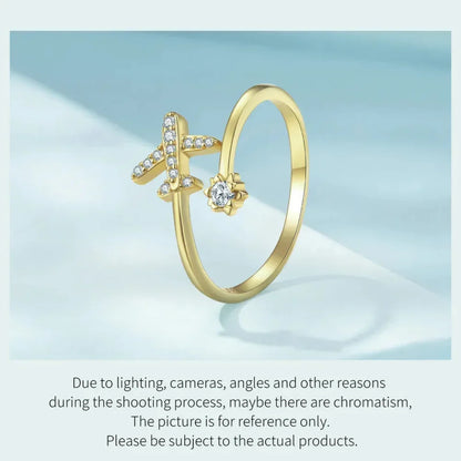 925 Sterling Silver CZ Flying Plane Open Ring