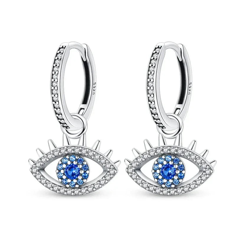 Boucles d'oreilles créoles en argent sterling avec œil grec et zircone cubique bleue