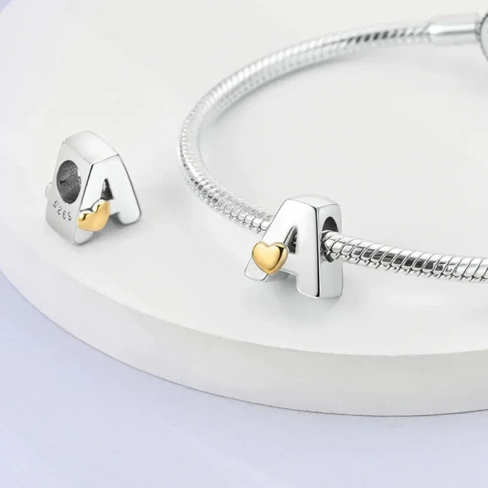 925 Sterling Silver Initial Charm with Gold Heart