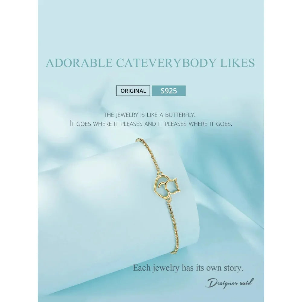 Bracelet Chaîne Cœur Chat en Argent Sterling 925