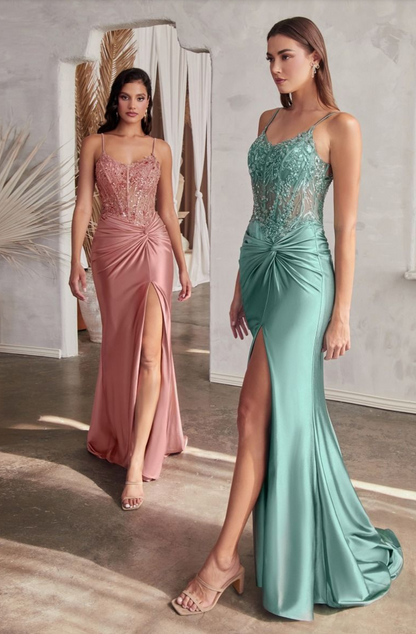 7 COULEURS DISPONIBLES - ROBE DE SOIRÉE EN SATIN AJUSTÉE AVEC CORSAGE ORNÉ